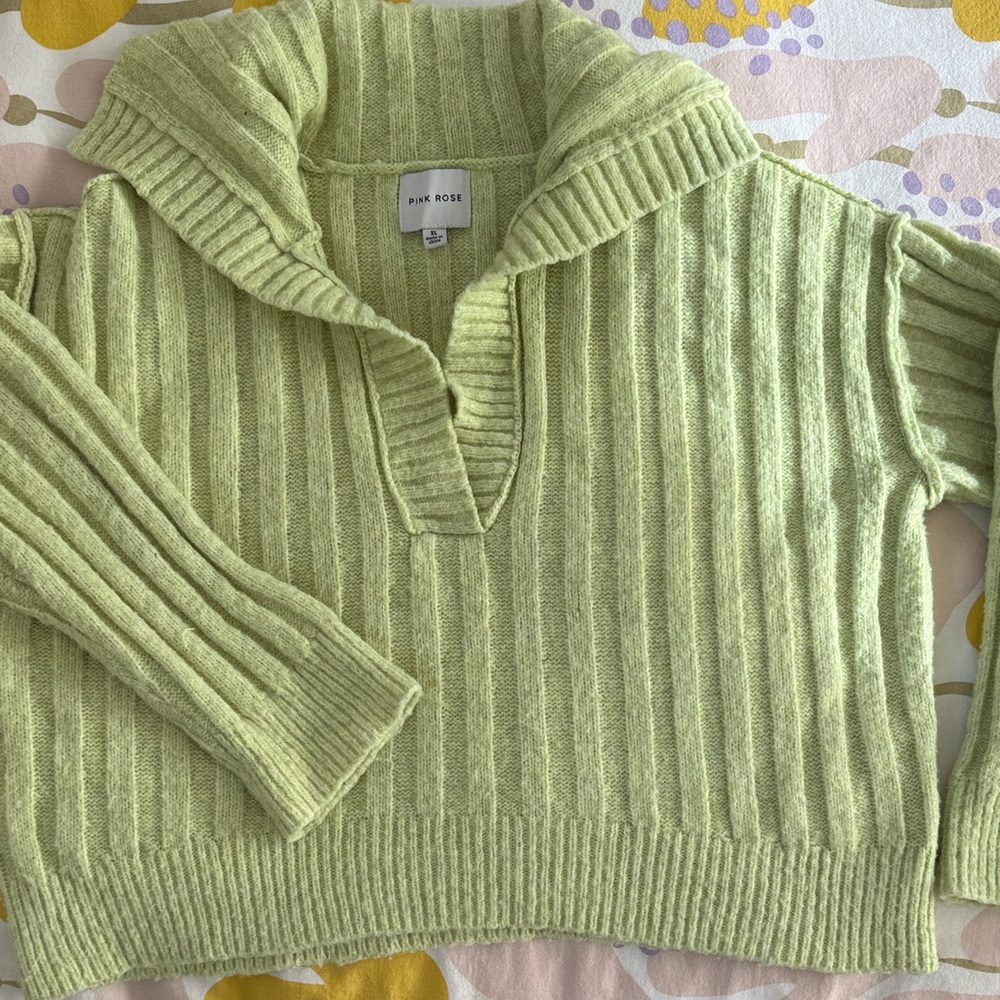 Pink Rose Women's Pastel Green Ribbed V-Neck Sweater